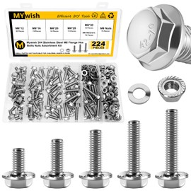 M6 Bolt, 224Pcs M6 x 12/16/20/25/30mm, M6x1.0 Bolt, Flanged Hex Head Bolts with Flange Nuts Washers, 304 Stainless Steel M6 Screws, Metric Bolt Assortment, DIN 6921 by Mywish