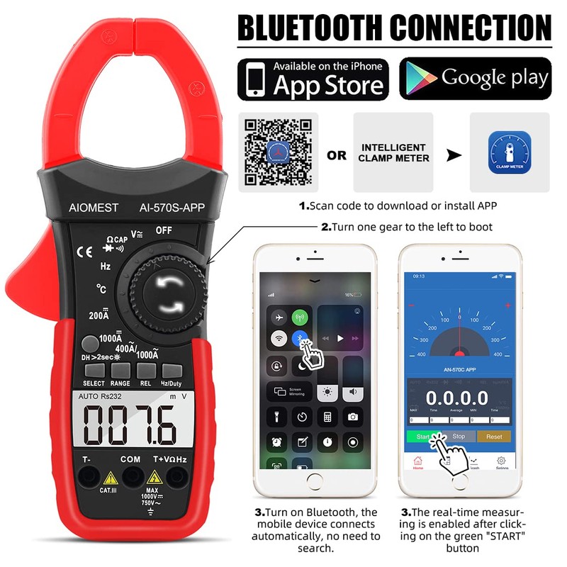 AIOMEST Clamp Meter Bluetooth Clamp Meter 570S-APP Digital Multimeter, Clamp