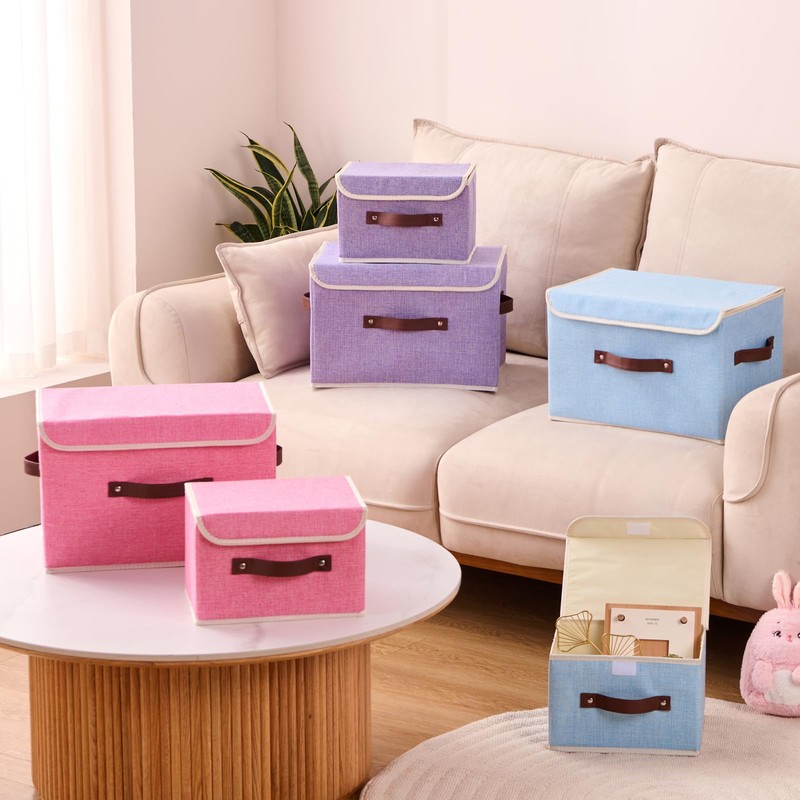 2PCS Storage Boxes with Lids Cotton Linen Fabric Bins Baskets