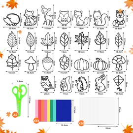 POFIBO Autumn Crafts Children, 26 Pieces Window Pictures Autumn, Autumn Decoration DIY Craft Set Paper Craft Sets, Craft Templates Autumn, Maple Leaves, Animals, Pumpkin and Mushrooms Children's Gift
