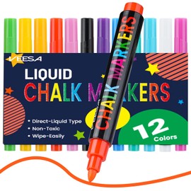 VEESA Chalk Markers, 12 Colors Liquid Chalk Markers, Direct-Liquid Type Chalkboards Pens - Erasable | Non-Toxic | Water-Based Chalk Markers for Blackboard