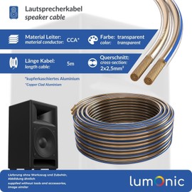 Lumonic Speaker Cable | 5 m Transparent | 2 x 2.5 mm² CCA | Blue Marking HiFi Speaker Cable | Audio Twin Cable