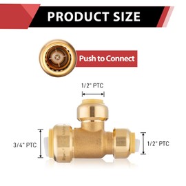 EFIELD Push-Fit Fitting 3/4" X 1/2" X 1/2" Tee to Connect Pex, Copper, CPVC Pipe with Two Size Disconnect Tool Clips