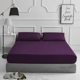 Fitted Bed Sheet With Matching FREE 1 X PILLOW CASE Plain Dyed Poly Cotton Percale Easy Care Bed Sheet Plum Single
