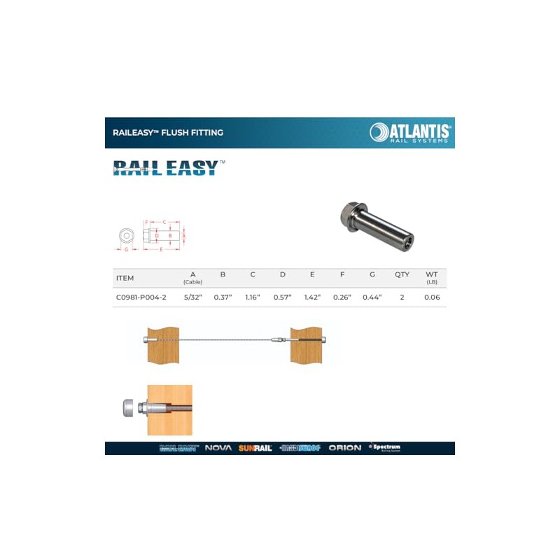 Atlantis RailEasy C0981-P004-2 Flush Fitting for 5/32" Cable (2-Pack)