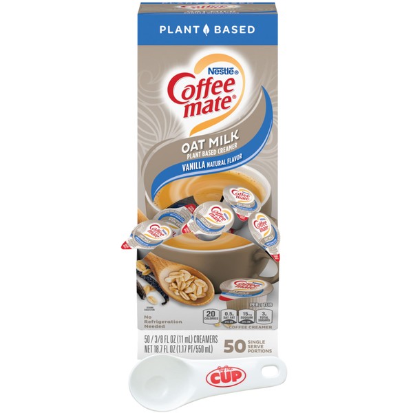 Nestle Coffee mate Plant Based Liquid Coffee Creamer Singles, Vanilla Flavored Oat Milk, 50 Ct Box with By The Cup Coffee Scoop