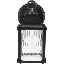 Maxxima LED Porch Lantern Outdoor Wall Light, Black with Clear Water Glass, Photocell Sensor, 650 Lumens, Dusk to Dawn Sensor, 3000K Warm White, Modern Exterior Patio Sconce Lantern