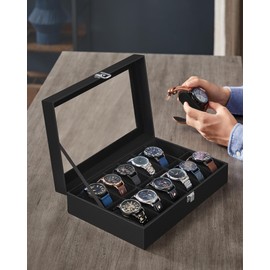 SONGMICS Watch Box, 12-Slot Watch Case with Large Glass Lid, Removable Watch Pillows, Watch Box Organizer, Gift for Loved Ones, Black Synthetic Leather, Black Lining UJWB012B01