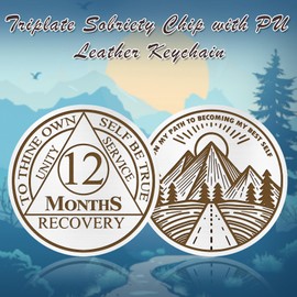 IELCJJ 12 Months Triplate Sobriety Coin - Sobriety Chip - AA Cions and Medallions - Alcoholics Anonymous Recovery Gifts for Men Women Sober Token with PU Leather Keychain
