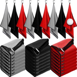 Batiyeer Golf Towels Bulk for Bags 16'' x 24'' Microfiber Waffle Pattern Golf Towels Trifold with Clip for Hiking,Tournament, Yoga(Black, Gray, Red,30 Pcs)