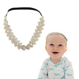 Wziys Baptism Headband for Baby Girls, Gold Lace Leaf Headband Elastic Hairband Rhinestone Tiara Headpiece Baby Baptism Christening Hair Accessories for Baby Girls Toddlers Newborn Infants