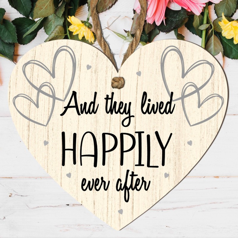 Romantic "And They Lived Happily Ever After" Heart-Shaped Wooden Plaque