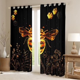 Loussiesd Bee Curtain 3D Animals Darkening Window Drapes for Bedroom Golden Bee Blackout Curtains(30%-50%) Floral Window Treatments W46*L54