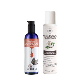 KIT Coco Fraccionado + Almendras Dulces. Aceite de Coco Fraccionado: Consistencia ligera y Rápida Absorción. Aceite de Almendras Dulces: Hidratación profunda. Ideal para piel, uñas y cabello. Aceite portador para masaje con Aceites Esenciales. Árbora 120