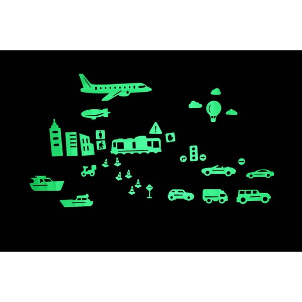 GLOPLAY Vehicle Series (32pcs/Pack), Glow in The Dark Educational Wall Stickers, The Eco-Friendly and Brightest Wall Stickers for Ceiling, Bathtime, Bedroom, Party, Decor