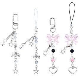 GORGECRAFT 4 Styles Alloy Bowknot Keychains Cute Bow Star Love Heart Beaded Key Chain Keyring Silver Decorative Y2K Cell Phone Charms for Key Purse Handbags Backpacks Decor Women Gifts Accessories