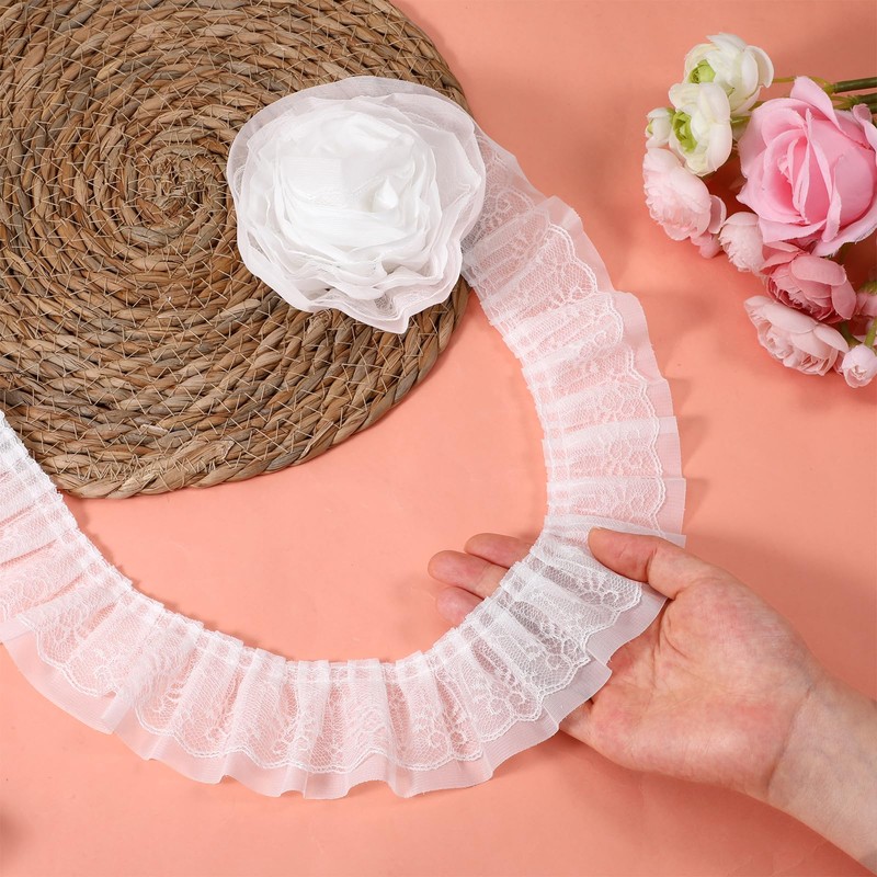 11 Yards White Double-Layer Pleated Lace Ruffle Trim for Sewing