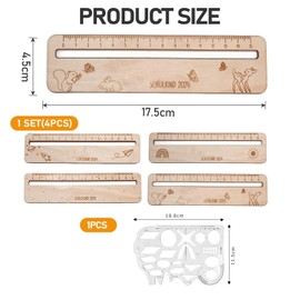 EOWVISN 4 Pieces Wooden Rulers, 1 Piece Graphing Ruler, Cartoon Printed Mini Ruler, Reading Aid Ruler, Geometric Drawing Ruler, Back To School Gift For Kids
