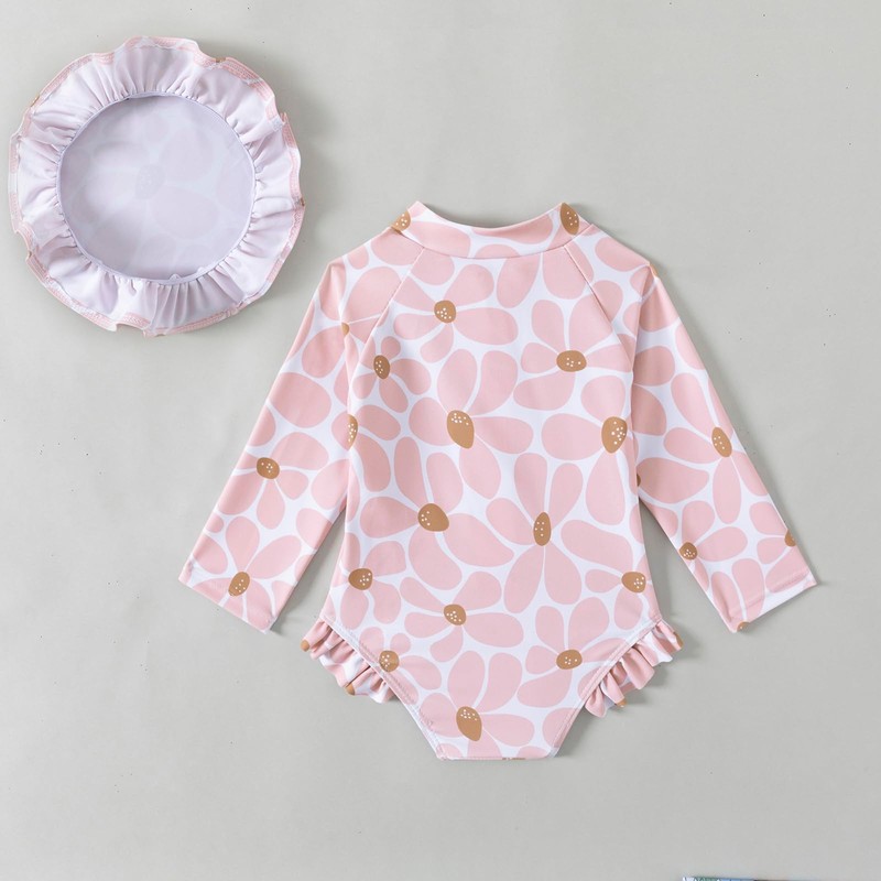 Goodplayer Baby Girl Swimsuit One-Piece Long Sleeve Rash Guard with