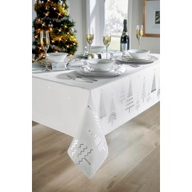 Lex's Linens Christmas Tablecloth Crisp White Background with Silver Lurex Christmas Tree print (52” x 70” Tablecloth)