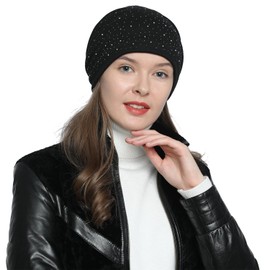 DonDon Women's Slouch Beanie Winter Hat Silver Sequin Rivets, Black with silver sequins