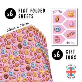 Girls Wrapping Paper Birthday - Donut Cupcake Macaron Pattern - 6 Sheets Of Gift Wrap For Her - Pink Wrapping Paper For Women - Comes With Stickers - By Central 23