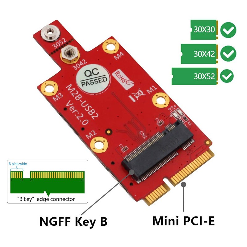 M.2 Key B to Mini PCI-E Adapter with Dual Nano