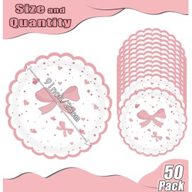 HEIPINIUYE 50 Pieces Light Pink Bow Paper Plates 9 Inch Pink Scalloped Plates Disposable Dinner Plate for Wedding Baby Shower Birthday Party Dessert Plate
