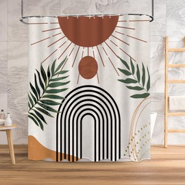 GiuMsi - Juego de cortinas de ducha estilo bohemio, diseño de arco solar, patrón de hojas minimalistas, tela impermeable, 12 ganchos (beige, 72 x 84)