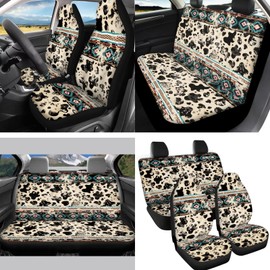 FUIBENG Western Aztec Cow Automotive Seat Cover Full Set Car Protection Accessory,Comfy Elastic Front Rear Bench Seat Covers for Most Vehicle,Steering Wheel Cover,Keychain,Coaster,Mirror Covers