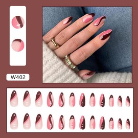24 Pcs Red Press on Nails Almond Shaped Acrylic Nails Medium Length Fake Nails Pink Nude False Nails with Wave French Designs Full Cover Glossy Glue on Nails for Women Girls DIY Nail Art