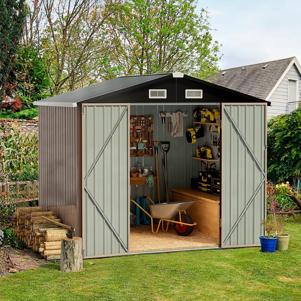 Aoxun Outdoor Storage Shed, 4x6 FT, Garbage Can,Outdoor Metal Shed for Tool,Garden,Bike, Brown