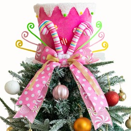 Christmas Tree Topper Hat, Candy cane Tree Topper, Tree Topper Christmas Decorations with Bow Ribbon Christmas Tree Ornaments for Home Decor Xmas Gift