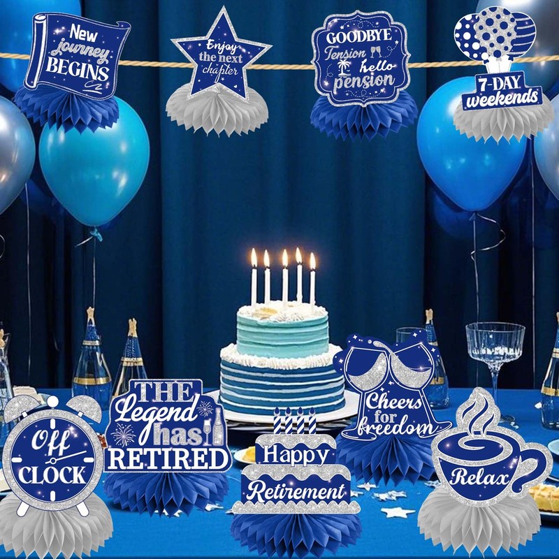 9Pcs Retirement Honeycomb Centerpieces Navy Blue & Silver - Happy