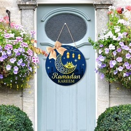 Wooden Ramadan Decorations Eid Mubarak Door Wreath for Front Door Sign Wall Hanger, Kareem Ornament Moon and Stars Sign Welcome Hanging for Home Decor Islamic Muslim Party Outdoor Indoor Supply