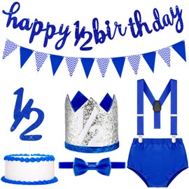 Spakon Set Pancartas de Cumpleaños con Purpurina para Bebé de 6 Meses Happy 1/2 Birthday Banner Decoración para Tarta de Medio Año Pancarta de Bandera Triangular Sombrero de Corona Pajarita (Azul)
