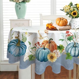 Autumn Oval Tablecloth Thanksgiving Autumn Harvest Blue Pumpkin Sunflower Maple Leaf Tablecloth Polyester Waterproof Wrinkle Resistant Durable Home Decor 54x72 Inch