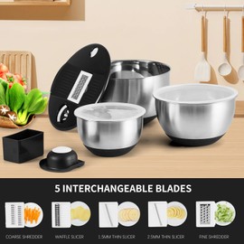 VEKAYA Mixing Bowls with Lids Set, 1.5/3/5QT Stainless Steel Mixing Bowls Set with 5 Grater Attachments,Measurement Marks & Non-Slip Silicone Bottom,Great for Mixing, Baking, Prepping