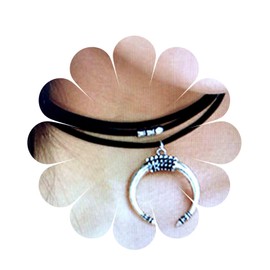 Yheakne Black Layered Suede Choker Necklace Silver Moon Pendant Necklace Punk Leather Choker Necklace Vintage Multi Layer Necklace Chain Jewelry for Women