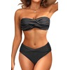Women's Black Striped Strapless Bandeau Bikini Set - Twist Front