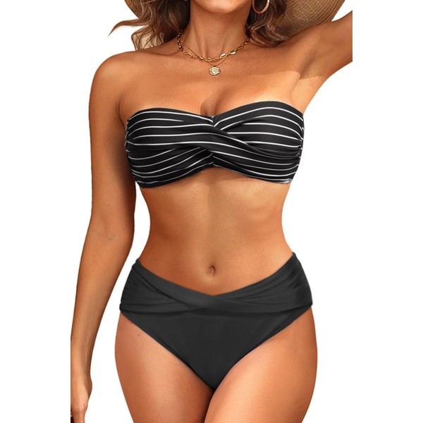 Women's Black Striped Strapless Bandeau Bikini Set - Twist Front