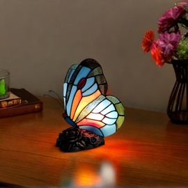 Aotmkj Tiffany Style Bedside Table Lamp Blue Butterfly Rose Nightstand Lamps Stained Glass Shade Home Decor Office Desk Lamp Girl Grandma Mother's Day Gift