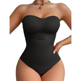 FEOYA Women Shapewear Bodysuit Tummy Control Seamless Shaping Body Shaper Thong with Removable Pads And Straps Womens Strapless Shapewear Bodysuit Bandeau Bodysuit Top Black M