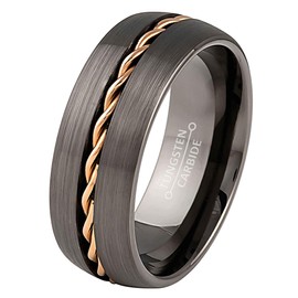 Jewelry Avalanche Dome Gun Metal 8mm Rose Gold Rope Inlay Wedding Band Comfort Fit - Mens Tungsten Carbide Ring - #999s14