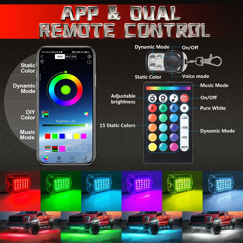 6 Pods Full Angle RGB LED Rock Lights for ATV