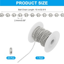 PATIKIL 10m/32.8ft Beaded Ball Chain, 2.4mm Stainless Steel Pull Chain Extension with 20 Pcs Connectors for Tag Chain, Keychain Rings, DIY Crafts, Bronze