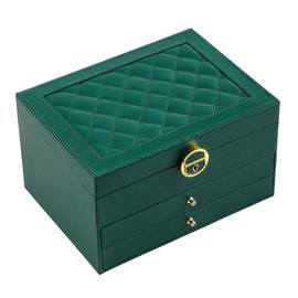 GUOER Jewelry Box for Women Girl Wife 3 Layers Large PU Leather Jewelry Organizer Storage Case with Two Layers Display for Earrings Bracelets Rings Watches (Green)