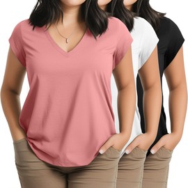 Huukeay 3 Pack Women’s Plus Size V Neck T Shirts, Cap Sleeve Summer Casual Tops Loose Fit Tees 2025 Trendy Shirts(Black, White, Coral Pink,X-Large)