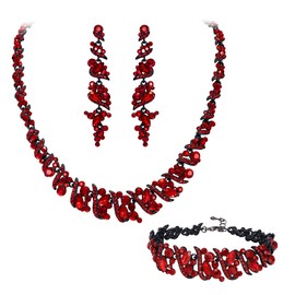 Brilove Women's Wedding Jewellery Set for Brides Bridesmaid Cluster Leaf Crystal Collar Bib Necklace Tennis Bracelet Leaves Dangle Earrings Crimson Color Black-Tone