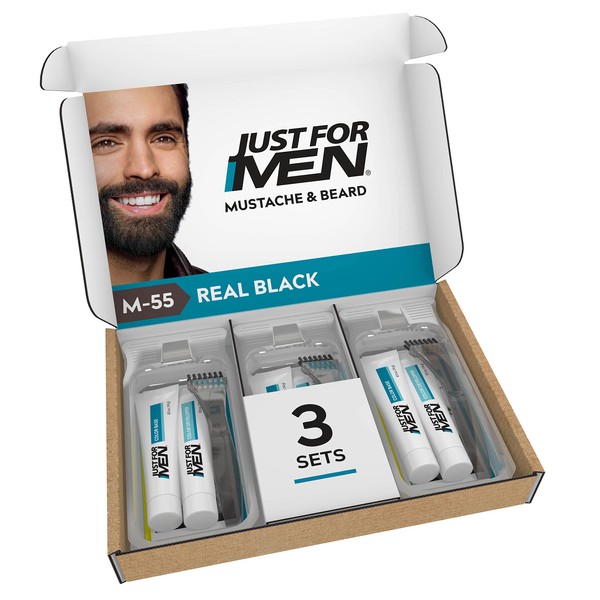 Just For Men Mustache & Beard, Beard Coloring for Gray Hair, With Biotin Aloe and Coconut Oil for Healthy Facial Hair - Real Black, M-55 (Pack of 3, EComm Friendly Packaging)